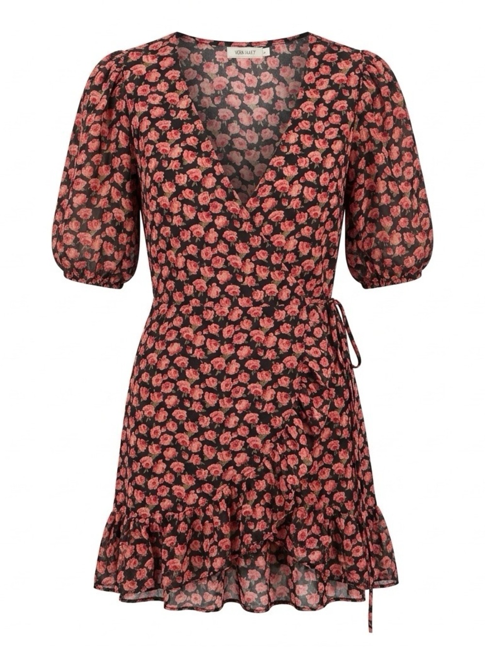 Floral Wrap Mini Dress in Black and Pink
